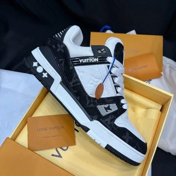 Louis Vuitton Trainer Sneaker Black and White with Pink Accents Boots